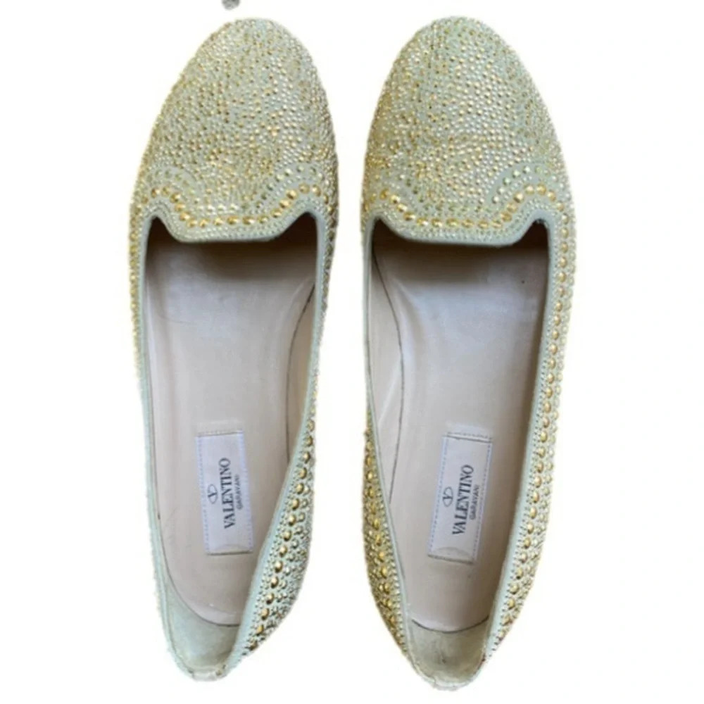 Valentino Garavani Stylish Gold Satin Crystal Studded Ballet Flats 6.5
